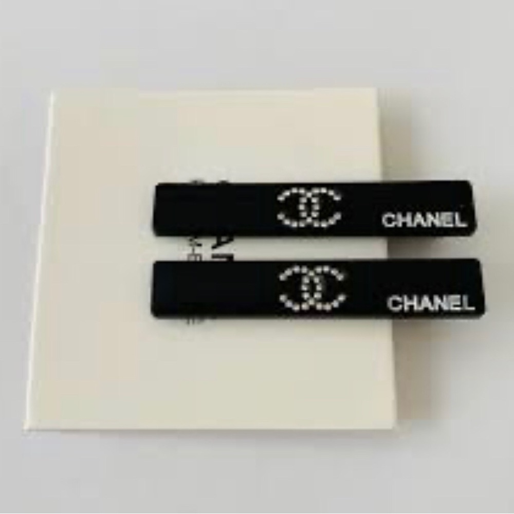 Black Barrette Set with Crystal CC Motif and Box
